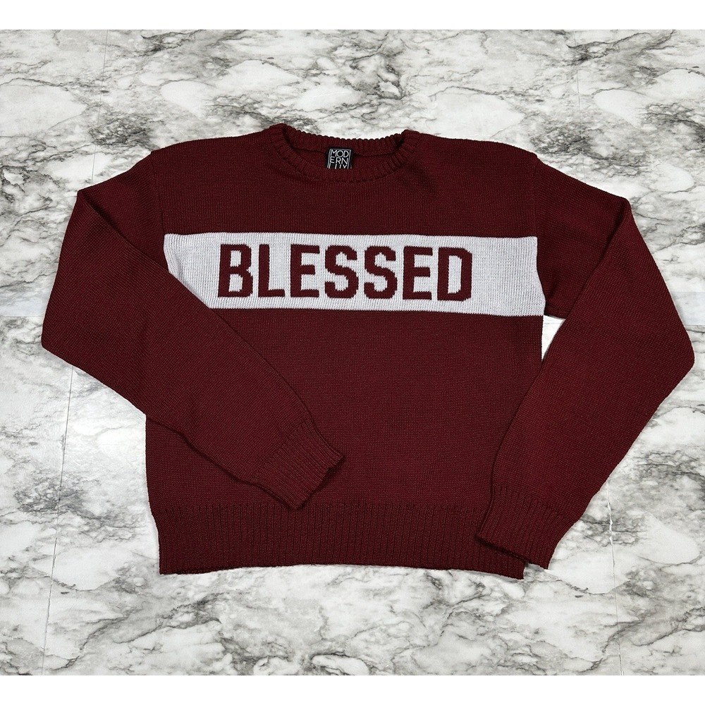 Modern Lux Women's BLESSED Graphic‎ Sweater MAROON Dark Red Size M